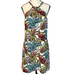 Tommy Bahama Linen Blend Halter Dress Sundress Tropical Floral Tie Neck Size M